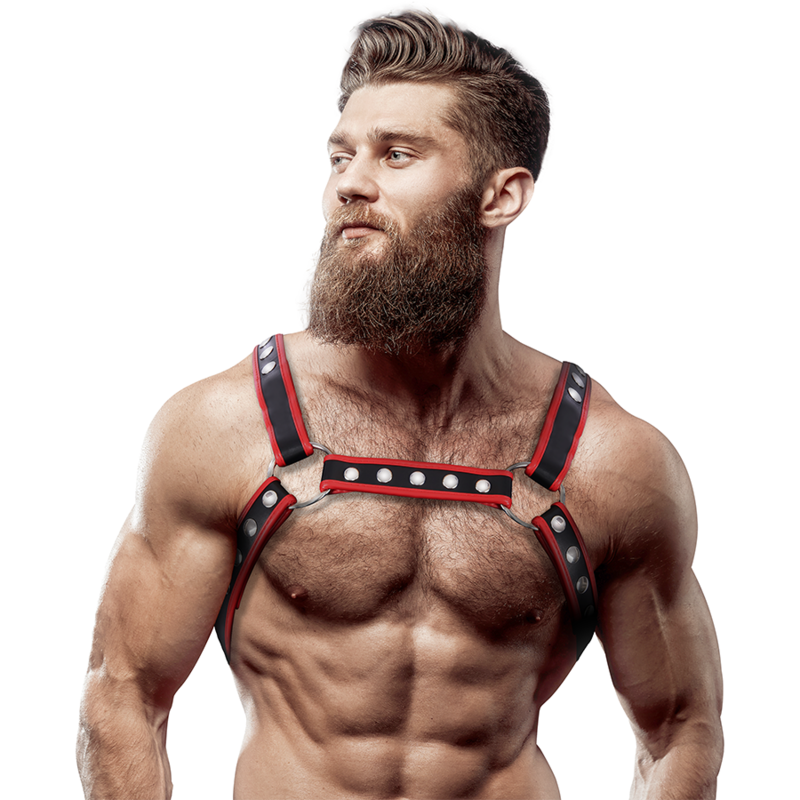 FETISH SUBMISSIVE ATTITUDE - MENS ECO-LEATHER CHEST BULLDOG HARNESS BLACK/RED - NOCTURNA DESIRES