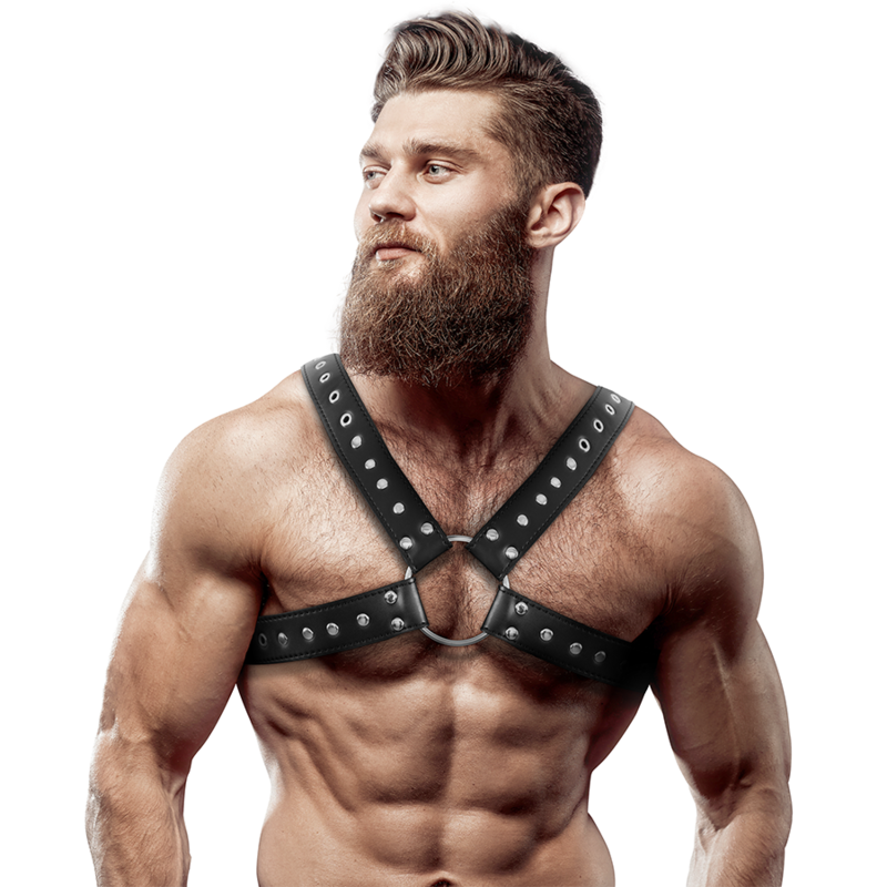 FETISH SUBMISSIVE ATTITUDE - MENS CROSS-OVER ECO-LEATHER CHEST HARNESS WITH STUDS - NOCTURNA DESIRES