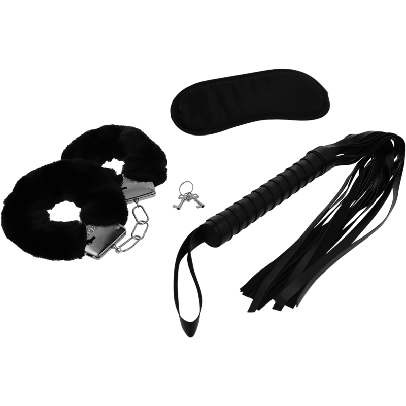 INTENSE - FETISH EROTIC PLAYSET 1 WITH HANDCUFFS, BLIND MASK AND FLOGGER - NOCTURNA DESIRES