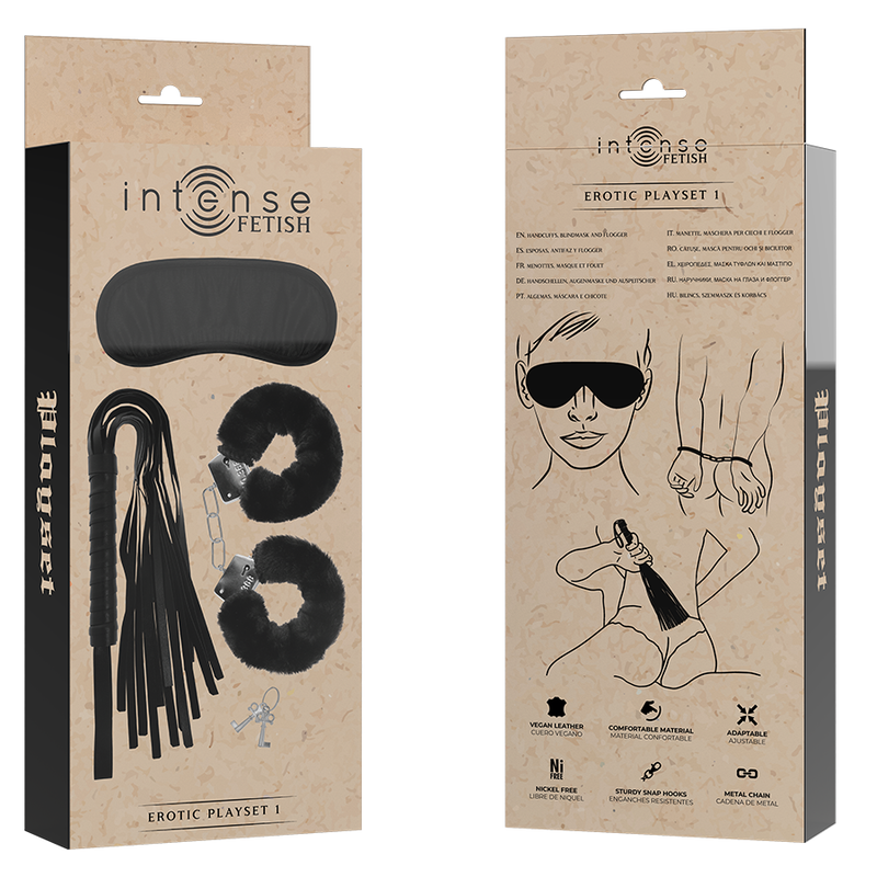 INTENSE - FETISH EROTIC PLAYSET 1 WITH HANDCUFFS, BLIND MASK AND FLOGGER - NOCTURNA DESIRES