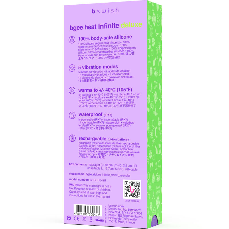B SWISH - BGEE HEAT INFINITE DELUXE RECHARGEABLE VIBRATOR LAVENDER SILICONE - NOCTURNA DESIRES