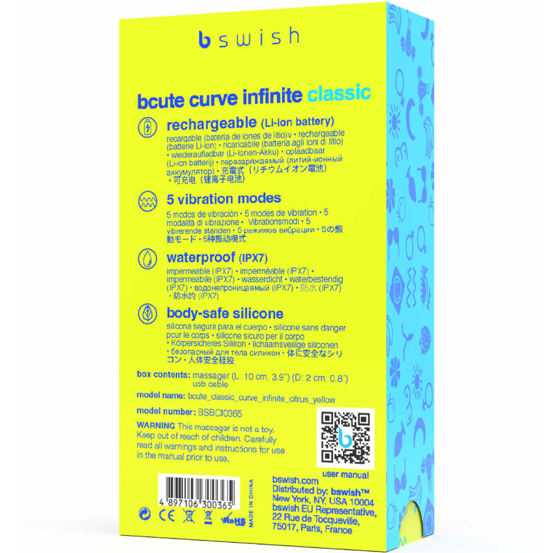 B SWISH - BCUTE CURVE INFINITE CLASSIC RECHARGEABLE SILICONE VIBRATOR YELLOW - NOCTURNA DESIRES