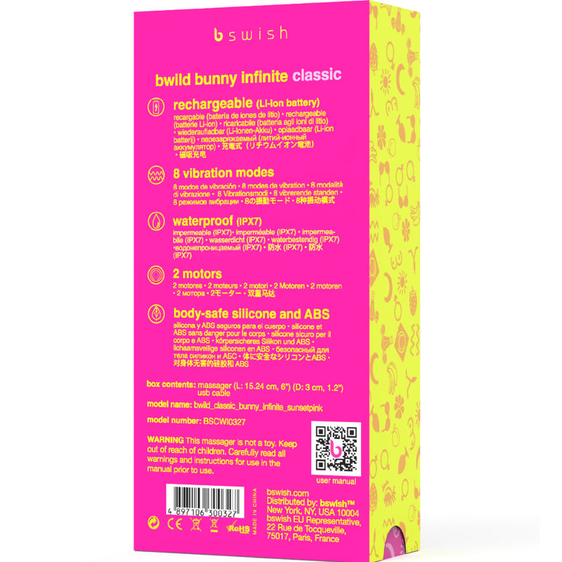 B SWISH - BWILD BUNNY INFINITE CLASSIC RECHARGEABLE VIBRATOR PINK SILICONE - NOCTURNA DESIRES