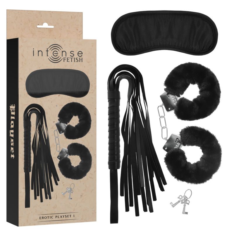 INTENSE - FETISH EROTIC PLAYSET 1 WITH HANDCUFFS, BLIND MASK AND FLOGGER - NOCTURNA DESIRES