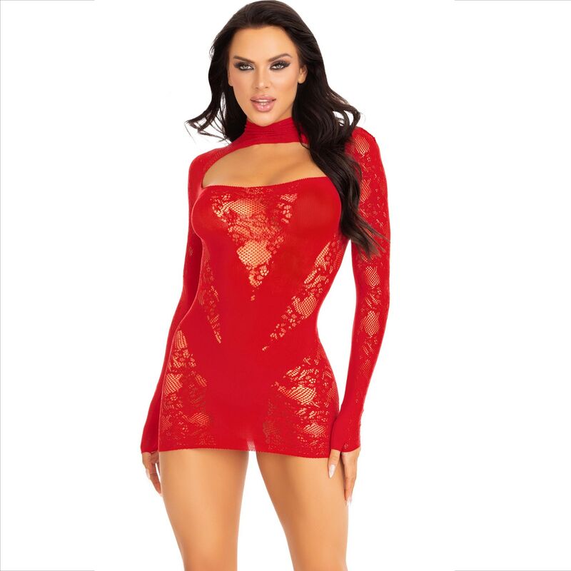 LEG AVENUE - MINI DRESS WITH LACE LONG SLEEVE RED - NOCTURNA DESIRES