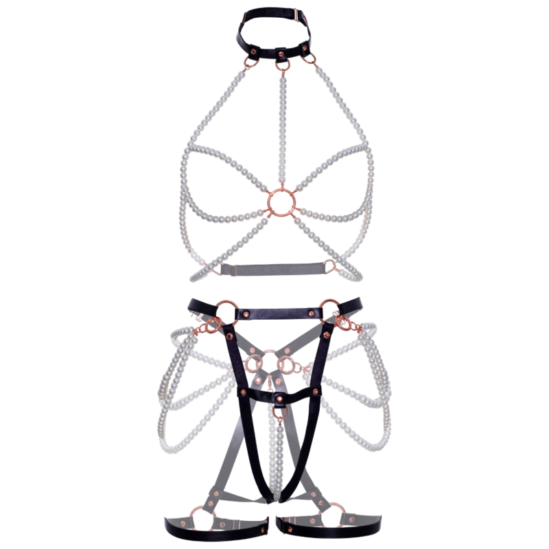 LEG AVENUE - HARNESS BRA & PEARL GARTER S - NOCTURNA DESIRES