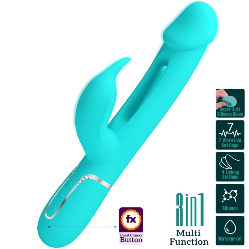 PRETTY LOVE - KAMPAS RABBIT 3 IN 1 MULTIFUNCTION VIBRATOR WITH TONGUE AQUA GREEN - NOCTURNA DESIRES