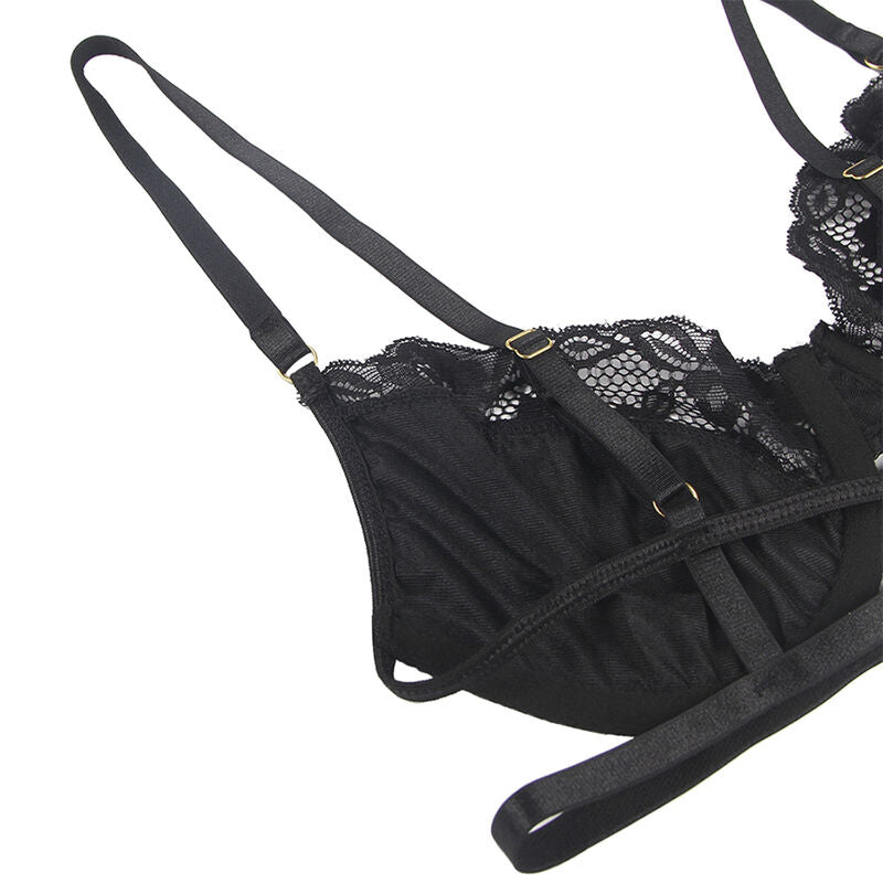 SUBBLIME - SET OF 3 PIECES BRA + THONG + LACE GARTER BLACK L/XL - NOCTURNA DESIRES