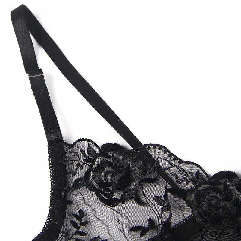 SUBBLIME - SET OF 3 PIECES BRA + THONG + GARTER FLORAL PRINT BLACK S/M - NOCTURNA DESIRES