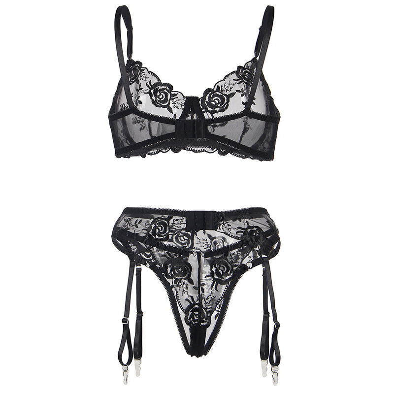 SUBBLIME - SET OF 3 PIECES BRA + THONG + GARTER FLORAL PRINT BLACK S/M - NOCTURNA DESIRES