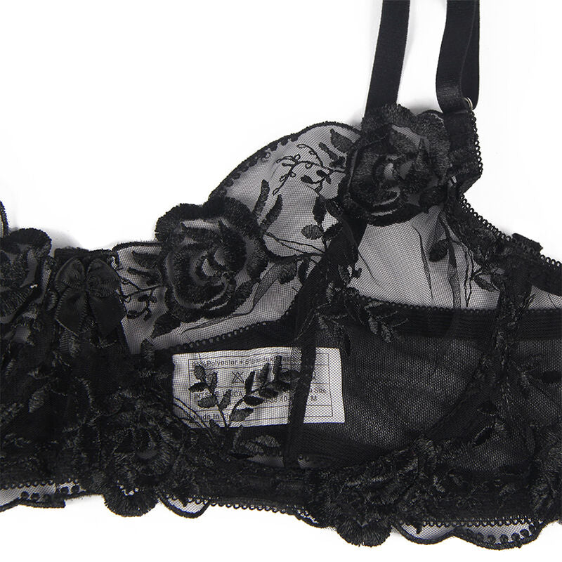 SUBBLIME - SET OF 3 PIECES BRA + THONG + GARTER FLORAL PRINT BLACK L/XL - NOCTURNA DESIRES