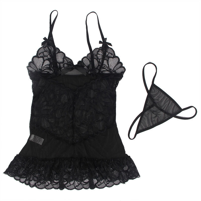 SUBBLIME - BABYDOLL WITH ADJUSTABLE STRAPS AND TRANSPARENT LACE FLORAL PRINT BLACK S/M - NOCTURNA DESIRES