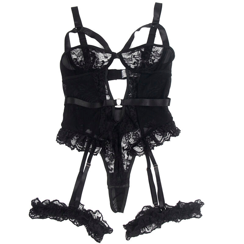SUBBLIME - TEDDY WITH GARTER WITH LACE DETAIL AND STRIPS BLACK S/M - NOCTURNA DESIRES