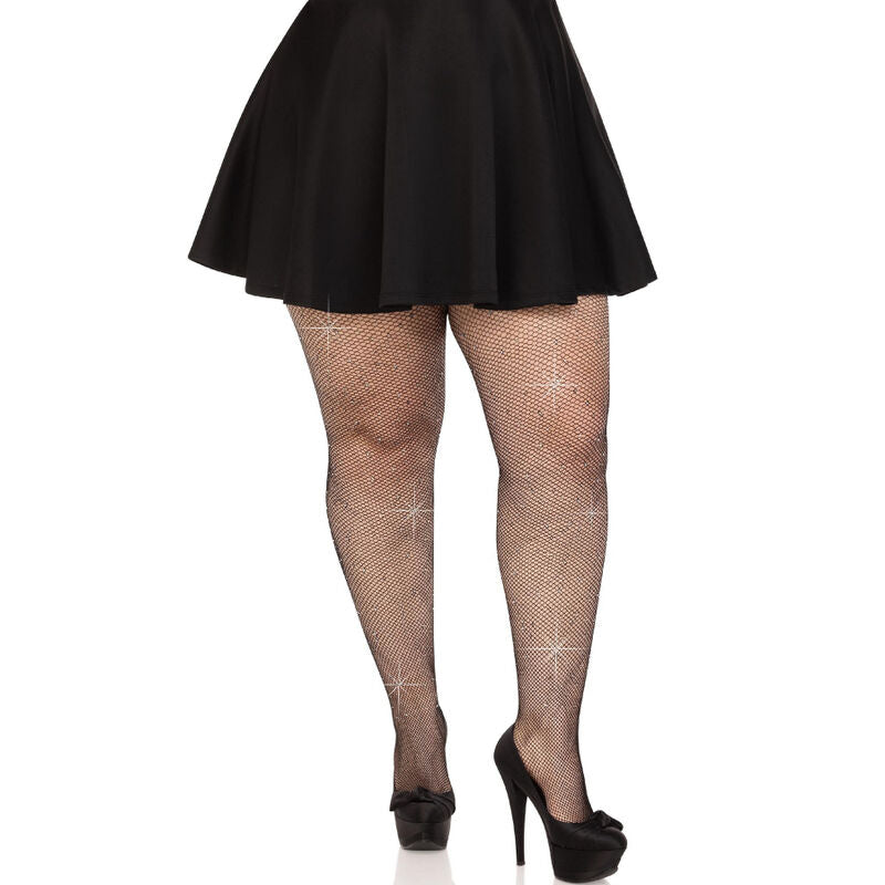 LEG AVENUE - CRYSTALIZED MESH STOCKINGS BLACK PLUS SIZE - NOCTURNA DESIRES