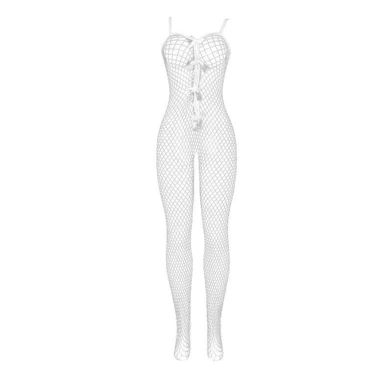 SUBBLIME - 951740 BODYSTOCKING WHITE FISHNET CROTCHLESS WITH BOWS ONE SIZE - NOCTURNA DESIRES