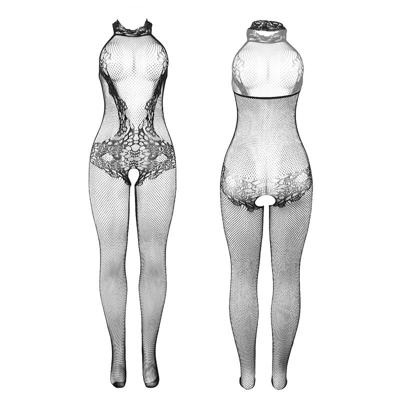 SUBBLIME - 951801 FISHNET AND LACE CROTCHLESS BODYSTOCKING WITH HIGH NECK BLACK ONE SIZE - NOCTURNA DESIRES