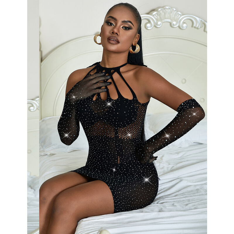 SUBBLIME - 952235 FISHNET DRESS WITH RHINESTONES  BLACK ONE SIZE - NOCTURNA DESIRES