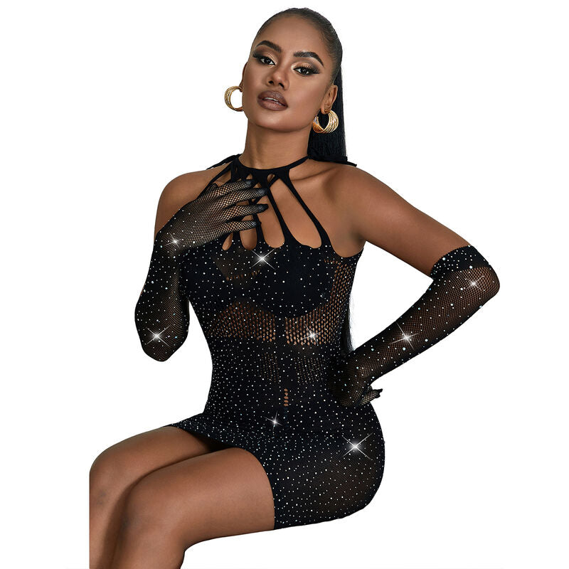 SUBBLIME - 952235 FISHNET DRESS WITH RHINESTONES  BLACK ONE SIZE - NOCTURNA DESIRES