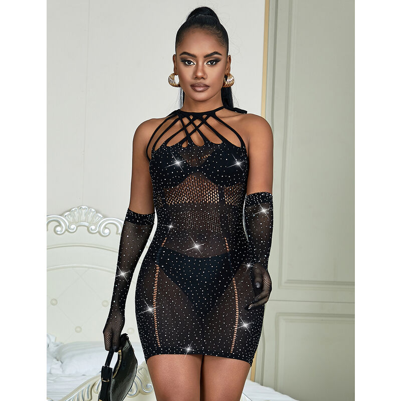 SUBBLIME - 952235 FISHNET DRESS WITH RHINESTONES  BLACK ONE SIZE - NOCTURNA DESIRES