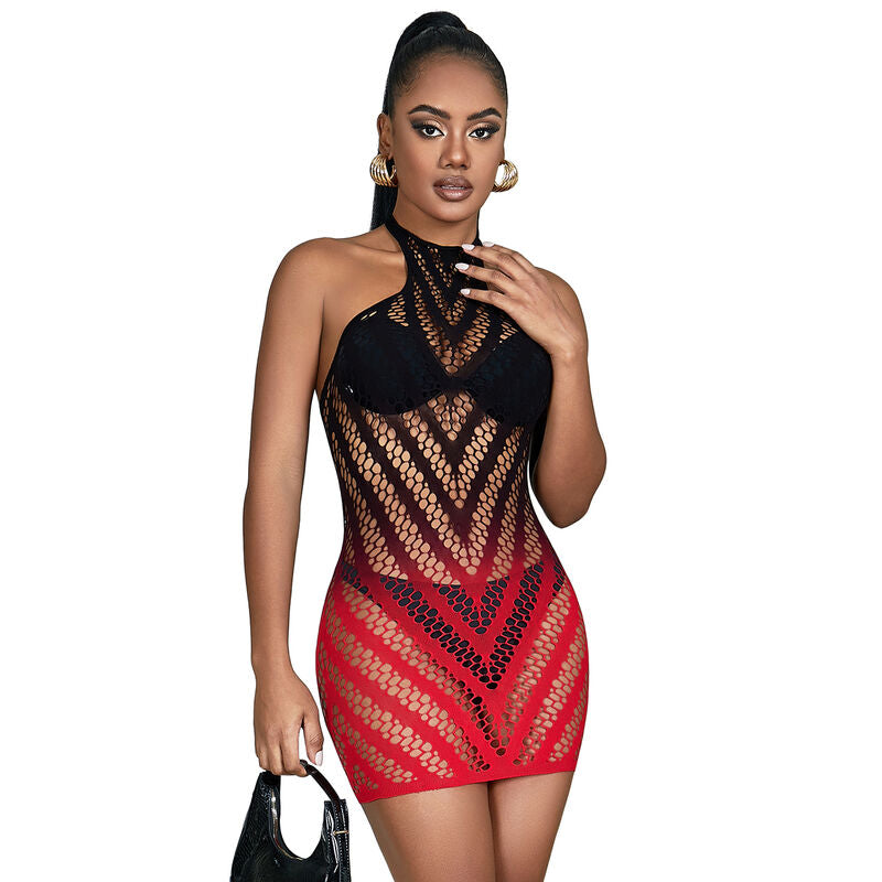 SUBBLIME - 952242 RED AND BLACK DEGRADED ELASTIC FISHNET DRESS ONE SIZE - NOCTURNA DESIRES
