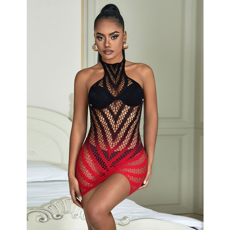 SUBBLIME - 952242 RED AND BLACK DEGRADED ELASTIC FISHNET DRESS ONE SIZE - NOCTURNA DESIRES