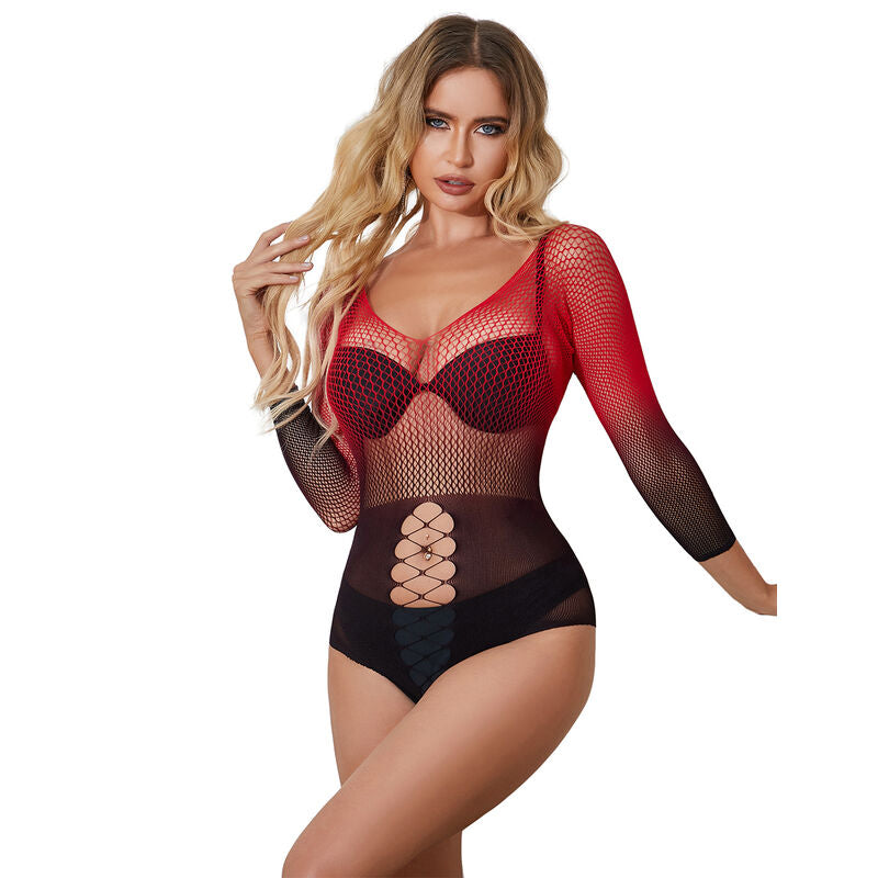 SUBBLIME - 952259 RED AND BLACK GRADIENT LONG SLEEVE ELASTIC FISHNET DRESS ONE SIZE - NOCTURNA DESIRES