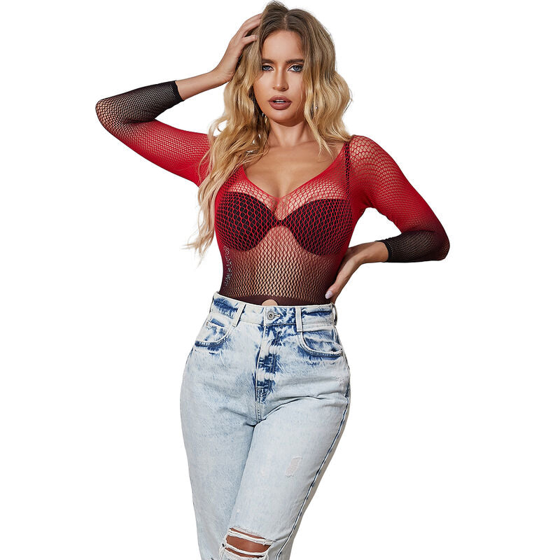 SUBBLIME - 952259 RED AND BLACK GRADIENT LONG SLEEVE ELASTIC FISHNET DRESS ONE SIZE - NOCTURNA DESIRES
