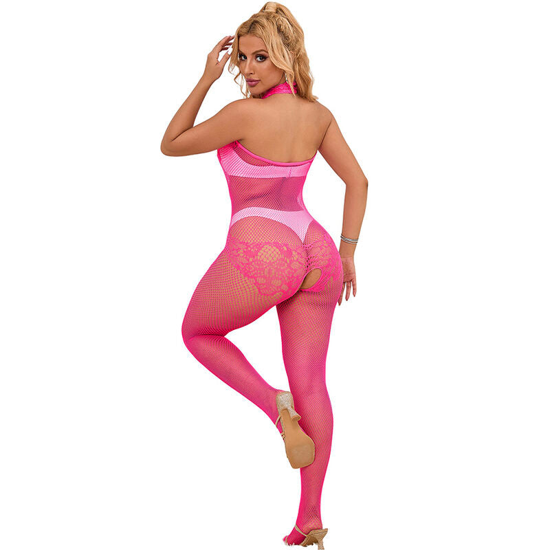 SUBBLIME - 952389 FISHNET AND LACE CROTCHLESS BODYSTOCKING WITH HIGH NECK PINK ONE SIZE - NOCTURNA DESIRES