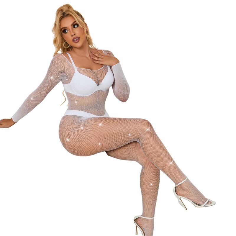 SUBBLIME - 952396 FISHNET BODYSTOCKING WITH DIAMONDS LONG SLEEVE WHITE ONE SIZE - NOCTURNA DESIRES