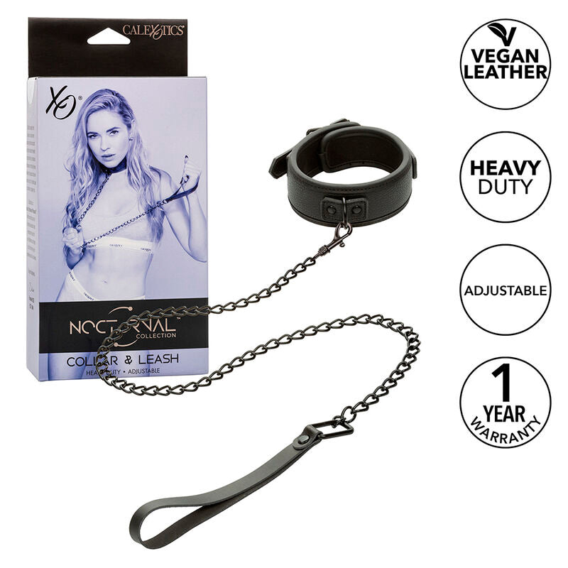 CALEXOTICS - NOCTURNAL COLLAR & LEASH LEATHER ADJUSTABLE BLACK - NOCTURNA DESIRES