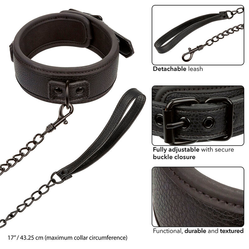 CALEXOTICS - NOCTURNAL COLLAR & LEASH LEATHER ADJUSTABLE BLACK - NOCTURNA DESIRES
