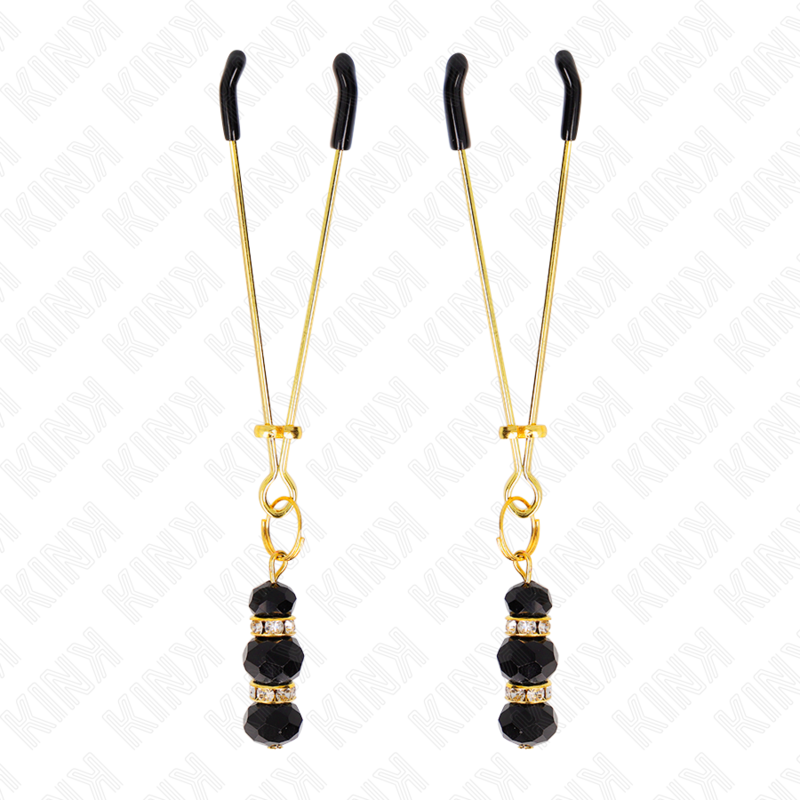 KINK - GOLD THIN NIPPLE CLAMPS WITH 3 BLACK GLASS BEADS 7 CM - NOCTURNA DESIRES
