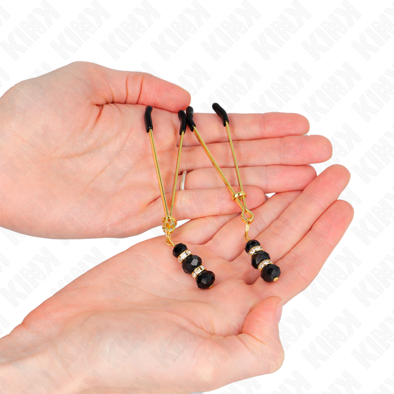 KINK - GOLD THIN NIPPLE CLAMPS WITH 3 BLACK GLASS BEADS 7 CM - NOCTURNA DESIRES