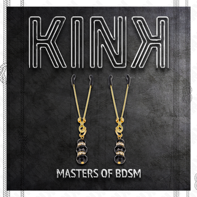 KINK - GOLD THIN NIPPLE CLAMPS WITH 3 BLACK GLASS BEADS 7 CM - NOCTURNA DESIRES