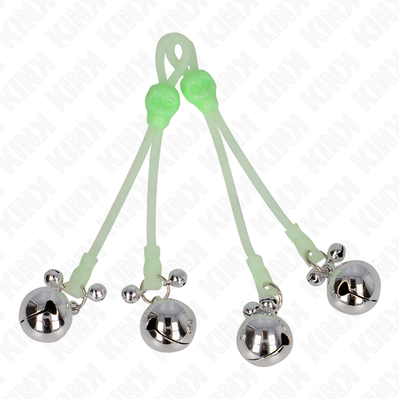 KINK - LUMINOUS SKULL NIPPLE CLAMPS WITH RING BELLS ADJUSTABLE GREEN / SILVER - NOCTURNA DESIRES