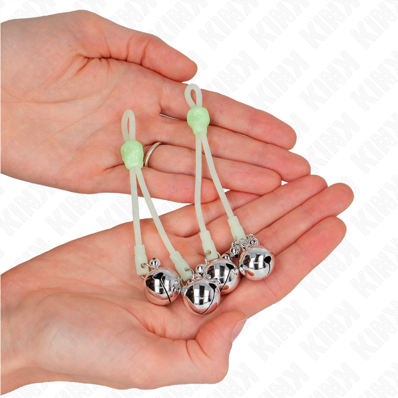 KINK - LUMINOUS SKULL NIPPLE CLAMPS WITH RING BELLS ADJUSTABLE GREEN / SILVER - NOCTURNA DESIRES
