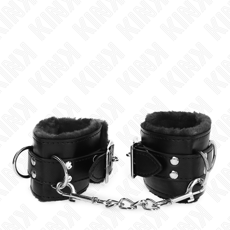 KINK - FUR LINED WRIST RESTRAINTS BLACK WITH BLACK BELT ADJUSTABLE 17-29 CM X 6 CM - NOCTURNA DESIRES