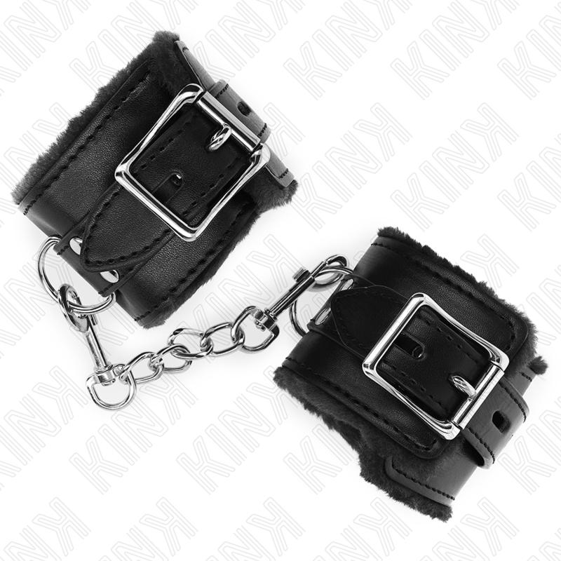 KINK - FUR LINED WRIST RESTRAINTS BLACK WITH BLACK BELT ADJUSTABLE 17-29 CM X 6 CM - NOCTURNA DESIRES