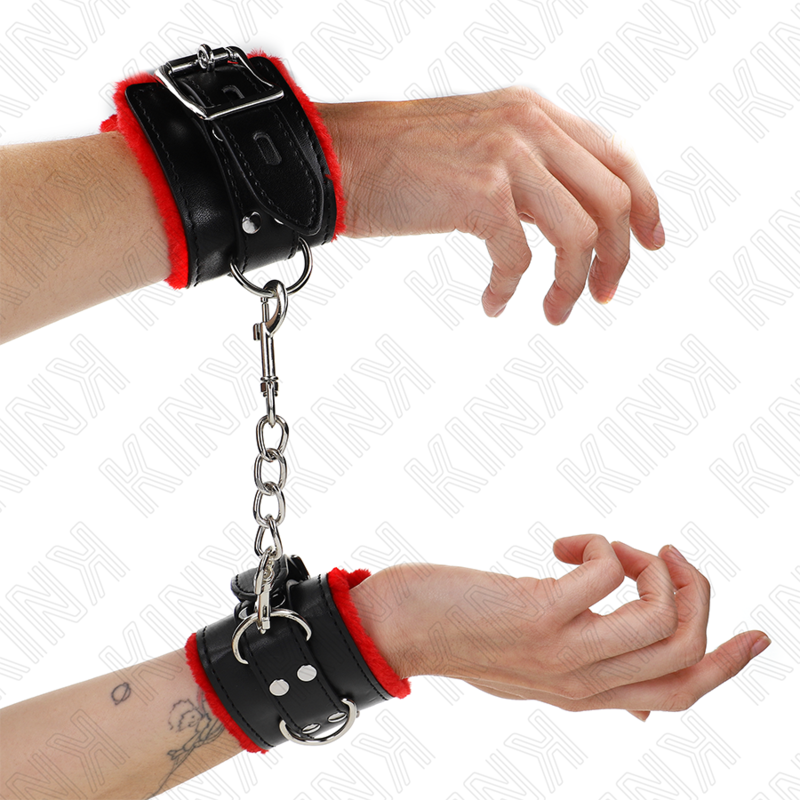 KINK - FUR LINED WRIST RESTRAINTS WITH SQUARE HOLES RED AND BLACK BELT ADJUSTABLE 17-29 CM X 6 CM - NOCTURNA DESIRES