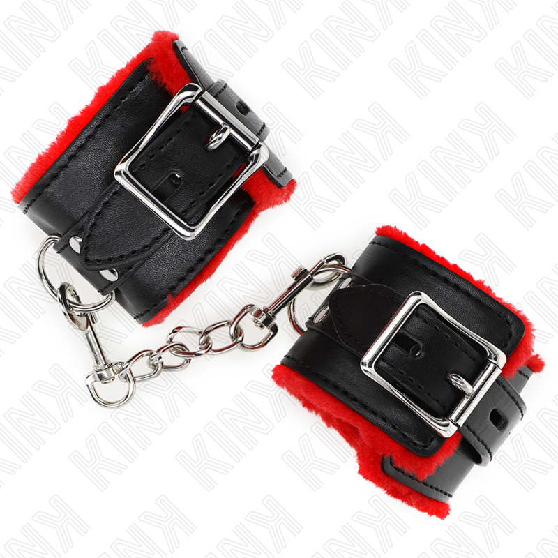 KINK - FUR LINED WRIST RESTRAINTS WITH SQUARE HOLES RED AND BLACK BELT ADJUSTABLE 17-29 CM X 6 CM - NOCTURNA DESIRES