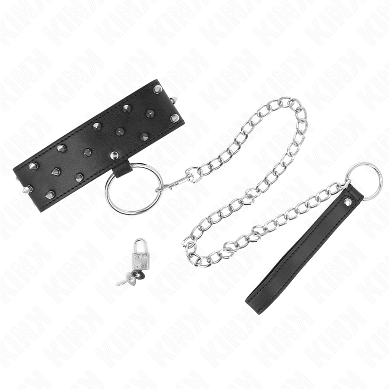 KINK - NECKLACE WITH LEASH 65 CM WITH SILVER STUDS MODEL 5 ADJUSTABLE 36-43 CM X 5 CM - NOCTURNA DESIRES