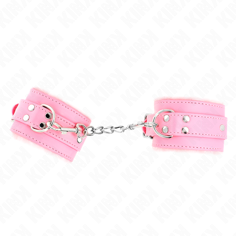 KINK - FUR LINED WRIST RESTRAINTS PINK WITH PINK BELT ADJUSTABLE 17-29 CM X 6 CM - NOCTURNA DESIRES