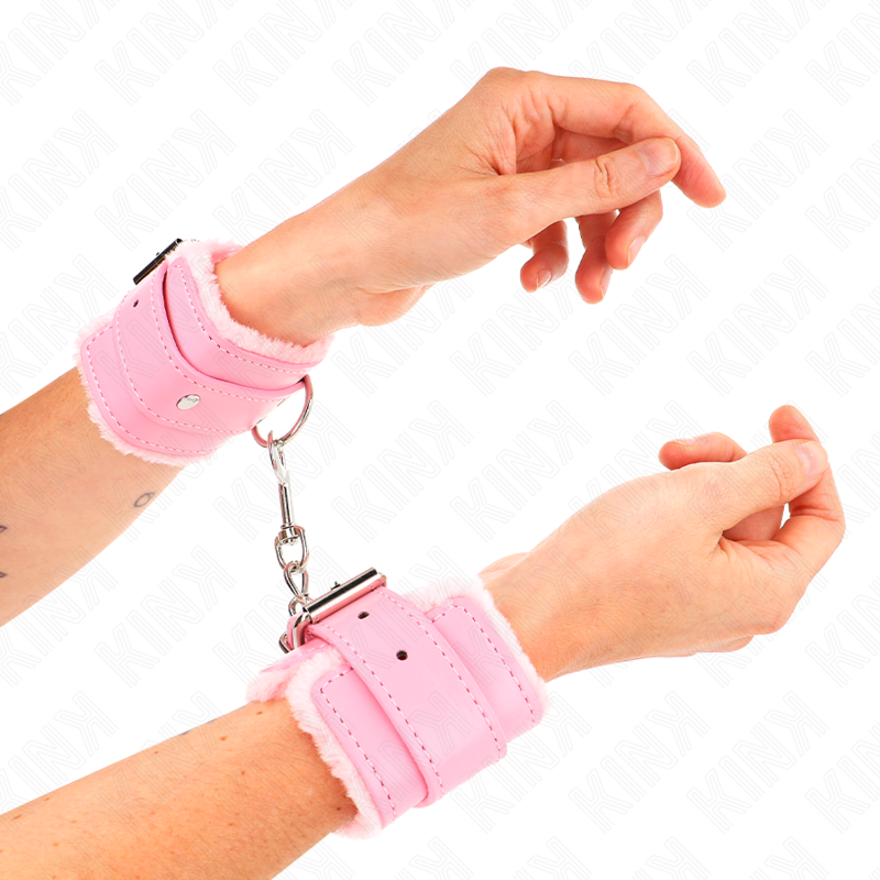 KINK - FUR LINED WRIST RESTRAINTS PINK WITH PINK BELT ADJUSTABLE 17-29 CM X 6 CM - NOCTURNA DESIRES
