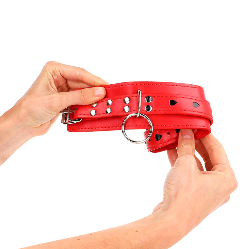 KINK - RED WRIST RESTRAINTS WITH BLACK HEART INLAY ADJUSTABLE 21-28 CM X 5.5 CM - NOCTURNA DESIRES