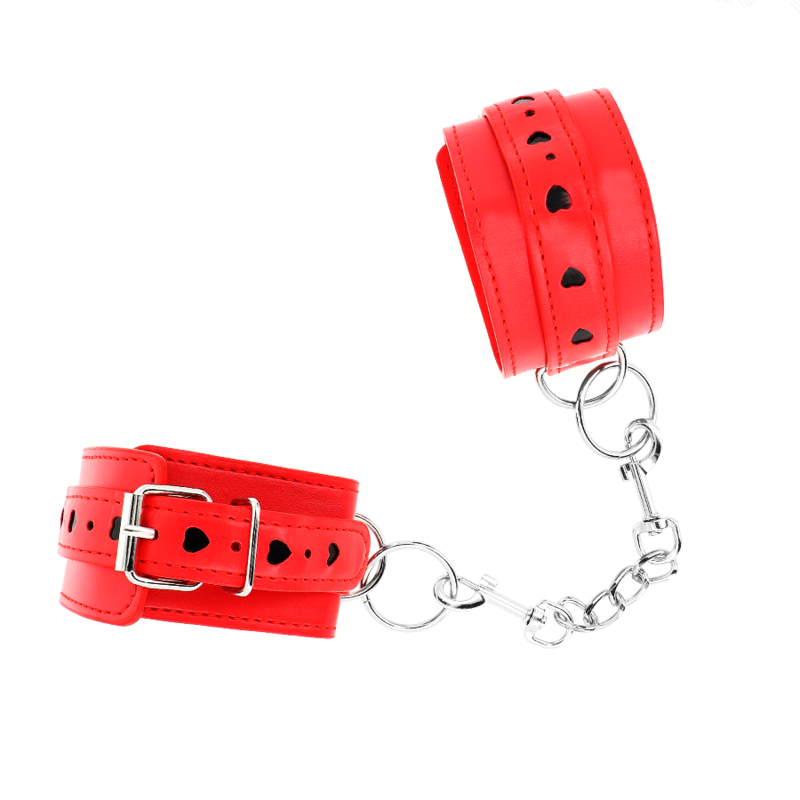 KINK - RED WRIST RESTRAINTS WITH BLACK HEART INLAY ADJUSTABLE 21-28 CM X 5.5 CM - NOCTURNA DESIRES