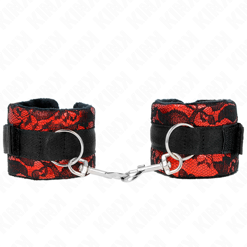 KINK - SHORT VELVET LACE WRIST RESTRAINTS AND NYLON BIND RED / BLACK 23 X 6.5 CM - NOCTURNA DESIRES