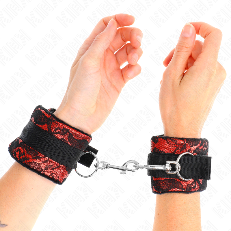 KINK - SHORT VELVET LACE WRIST RESTRAINTS AND NYLON BIND RED / BLACK 23 X 6.5 CM - NOCTURNA DESIRES