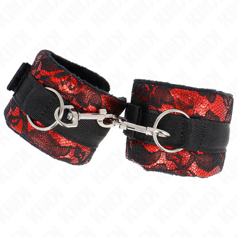 KINK - SHORT VELVET LACE WRIST RESTRAINTS AND NYLON BIND RED / BLACK 23 X 6.5 CM - NOCTURNA DESIRES