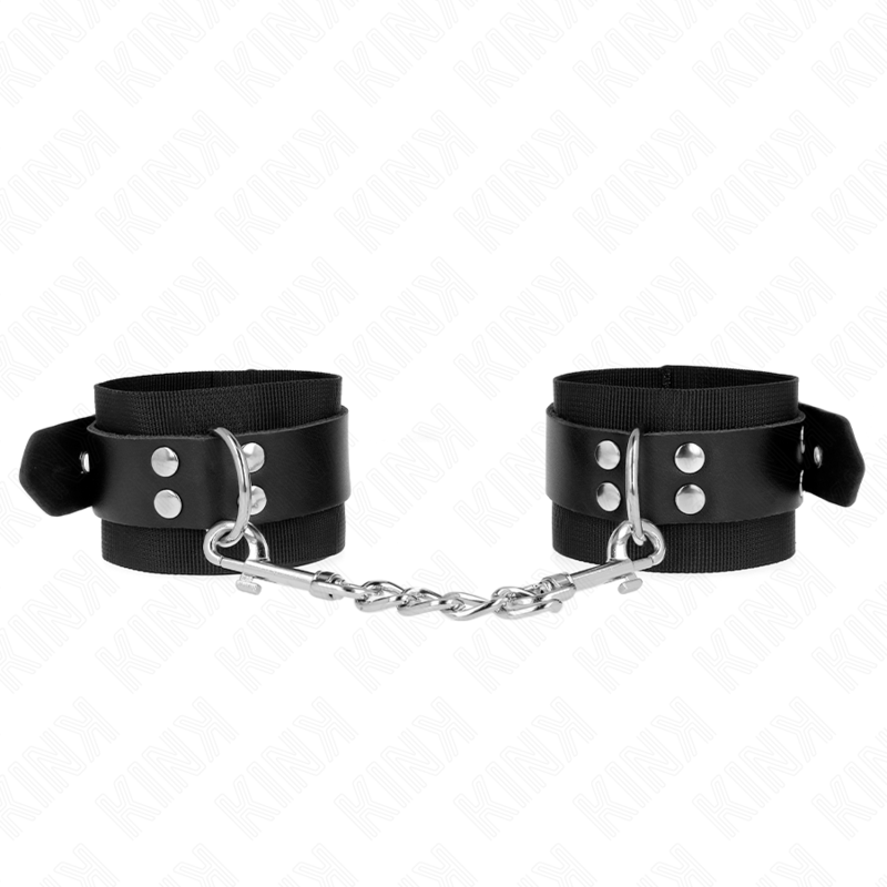 KINK - NYLON WRIST RESTRAINTS BLACK WITH LEATHER BELT BLACK ADJUSTABLE 19-29 CM X 5.1 CM - NOCTURNA DESIRES