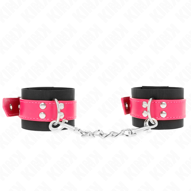 KINK - NYLON WRIST RESTRAINTS BLACK WITH LEATHERETTE BELT RASPBERRY ROSE ADJUSTABLE 19-29 CM X 5.1 CM - NOCTURNA DESIRES